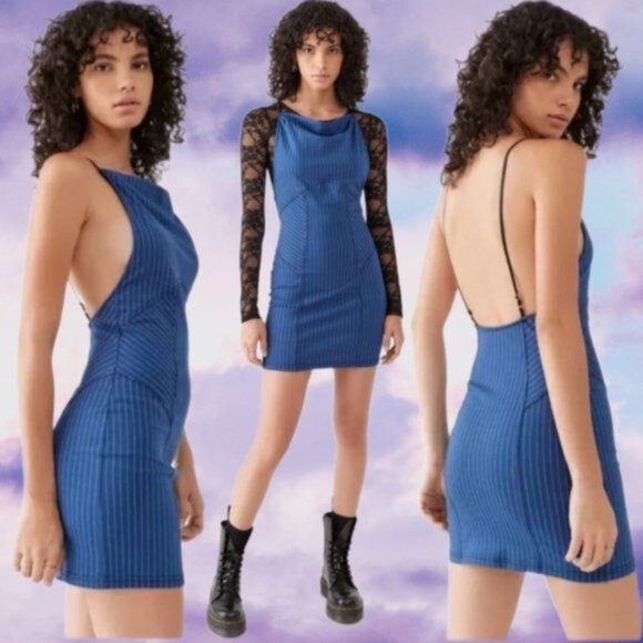 Urban Outfitters | Complex High Neck Mini Dress Blue Multi Pinstripe Stretch New - Picture 1 of 15